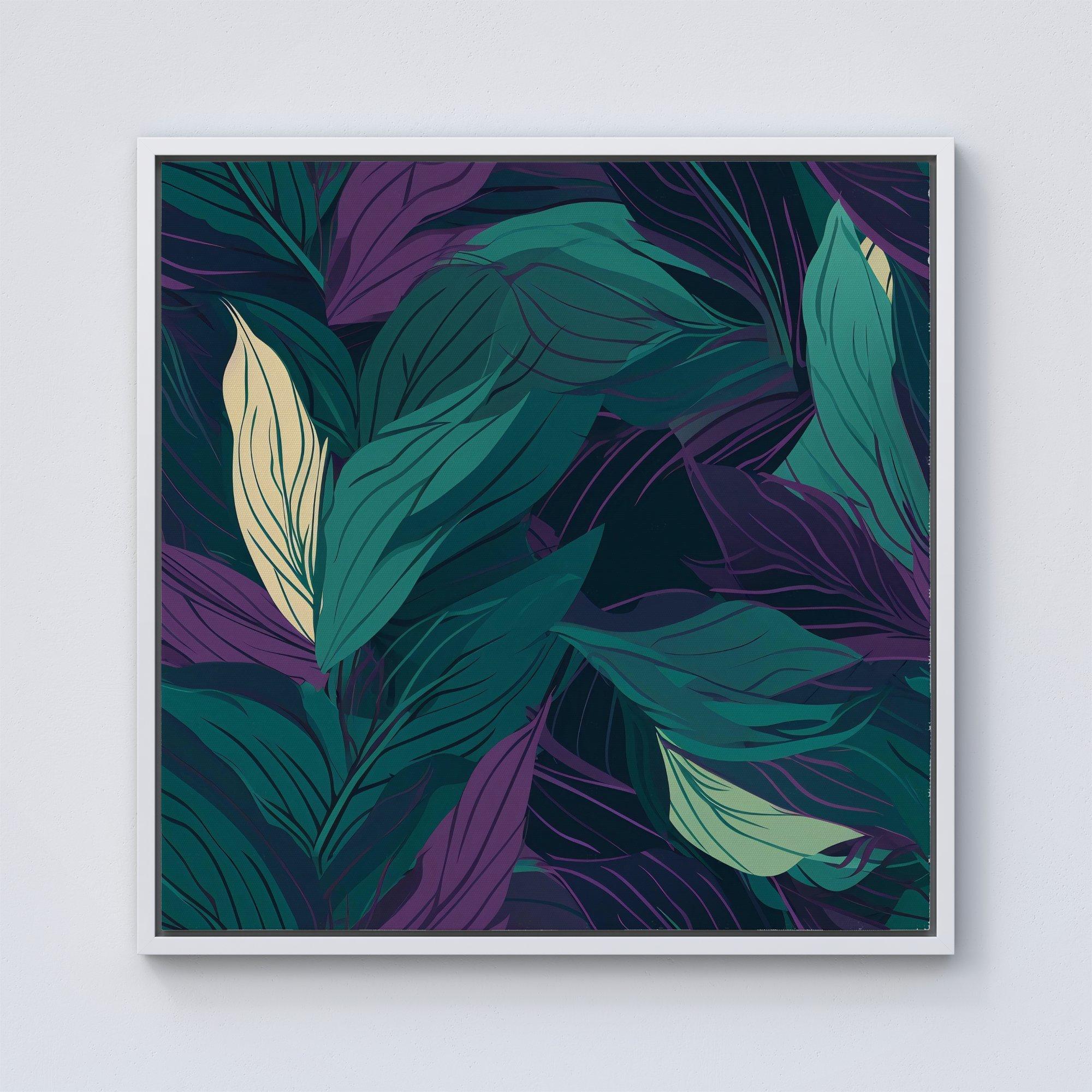 Green Purple Tropical Leaves Framed Canvas